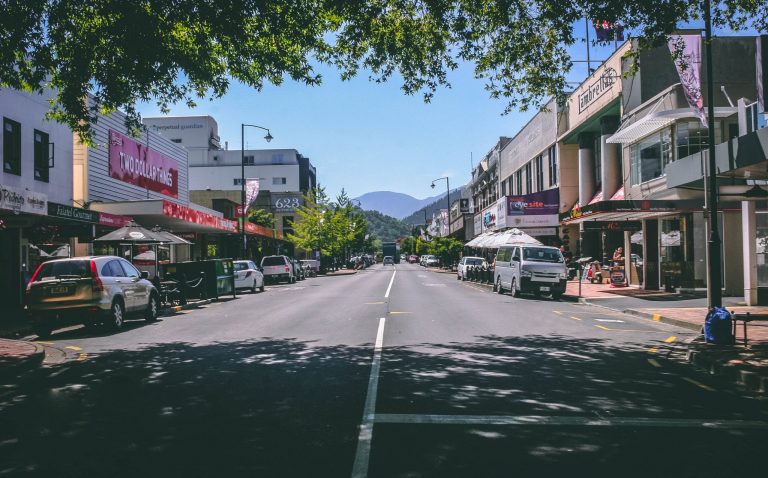 A picture of a street with shops where you might open a new business location